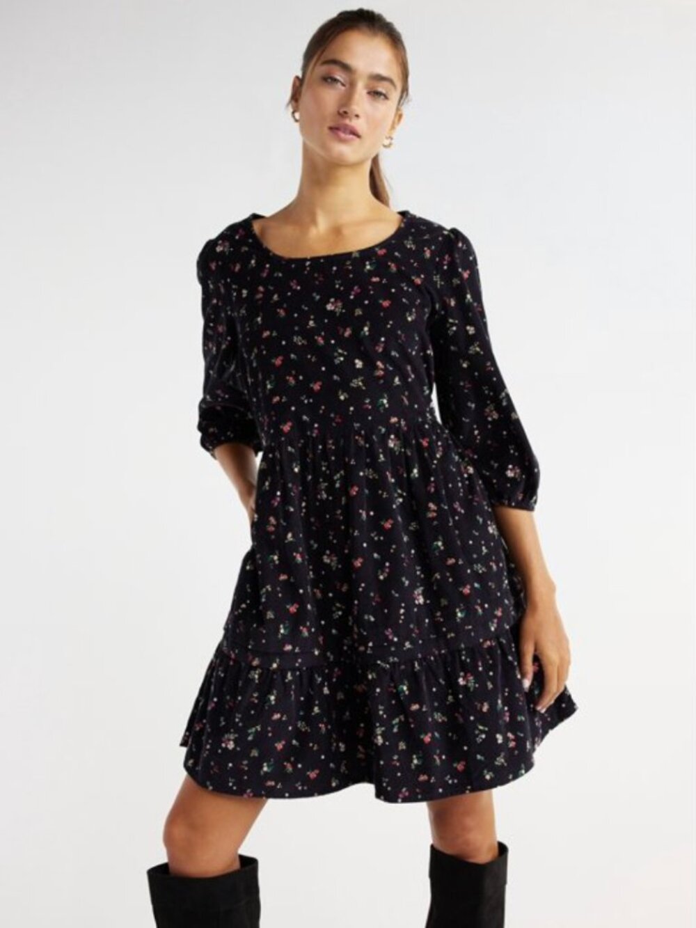 Time and Tru Black Floral Corduroy Tiered Mini Dress M 8-10 Cottagecore
